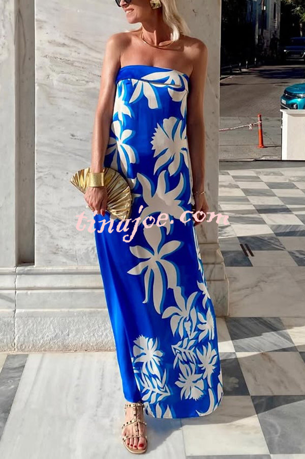 Fashion Vacation Satin Unique Print Off Shoulder Maxi Dress