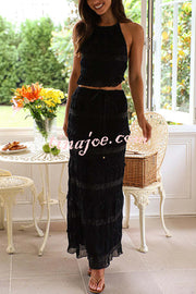 Feel Chic and Romantic Sequin Textured Material Back Elastic Halter Tie Tank and Drawstring Waist Tiered Maxi Skirt Set