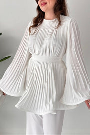 Solid Color Round Neck Flared Sleeve Pleated Tie Waist Top and Elastic Waist Casual Straight Pants Set