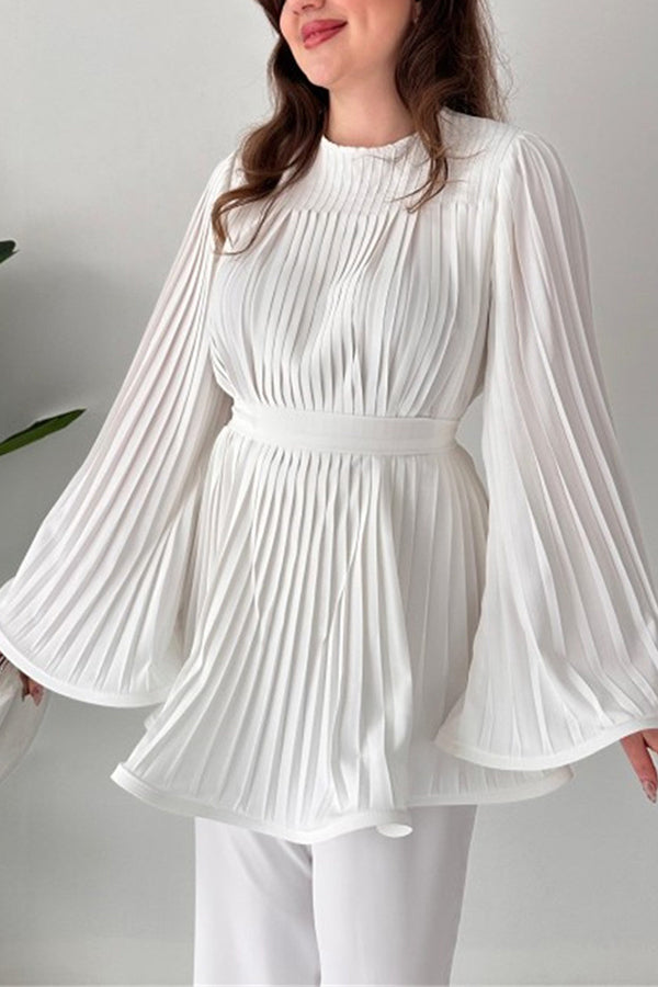 Solid Color Round Neck Flared Sleeve Pleated Tie Waist Top and Elastic Waist Casual Straight Pants Set