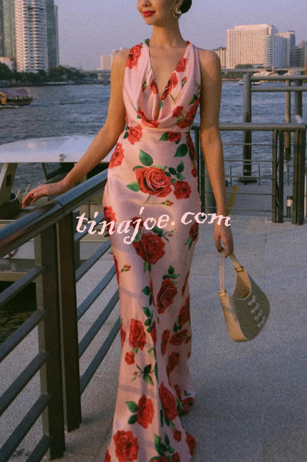 Rose Print Sexy Halter Neck Strappy Backless Slim Fit Maxi Dress