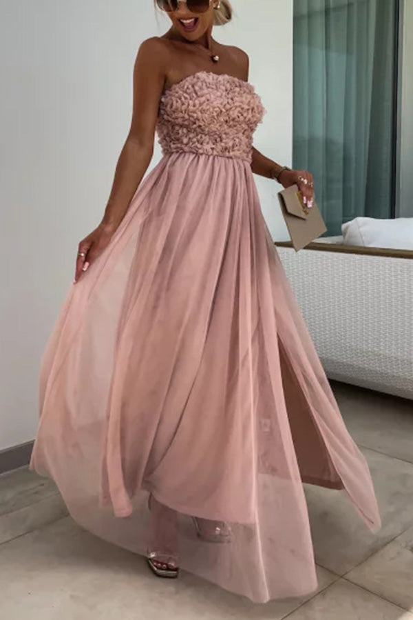 Romance and Lightness Tulle Floral Texture Pleated Patchwork Strapless Slit Maxi Dress