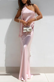Cheers Babe Satin Solid Color Elegant One Shoulder Tie Maxi Dress