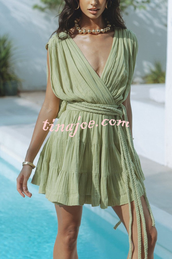 Glimpse of Happiness Linen Blend Draped Braids Belt Cover Up Mini Dress