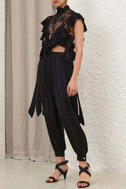 Salenia Lace Appliqué High Neck Side Tie-up Ruffle Cropped Top