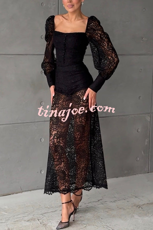 Timeless Moment Floral Lace Square Neck Button Up Balloon Sleeve Top