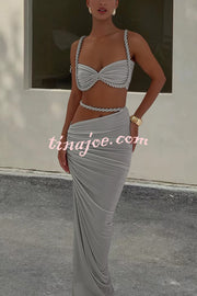 Sexy Halter Back Braided Suspender Top and Beach Holiday Style Hip-wrapped Maxi Skirt Set