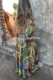 Jungle Miracle Animal Unique Print Button Long Sleeve Midi Relaxed Blouse