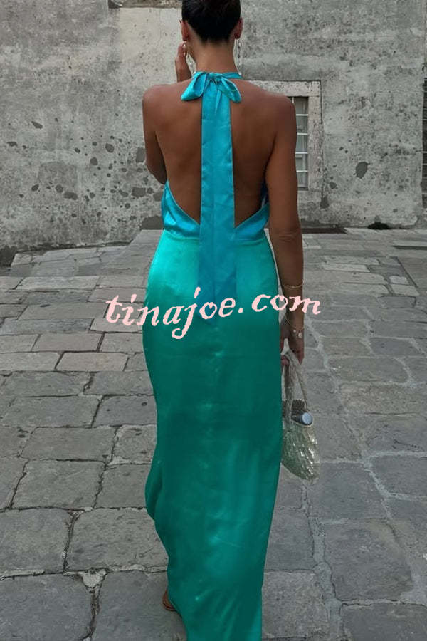 Like A Gem Satin Colorblock Halter Backless Party Maxi Dress