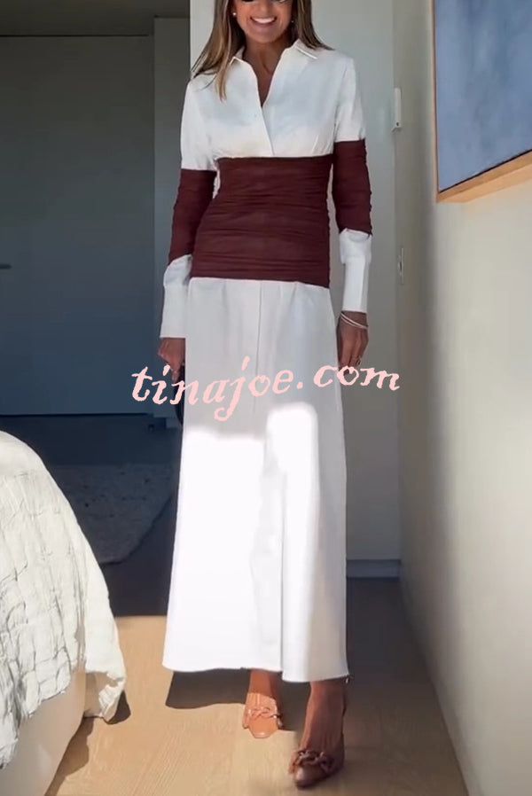 Fashionable Pleated Contrast Patchwork Waist Long Sleeve Button Shirt Maxi Dress
