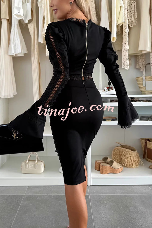 Career Beauty Lace Paneled Long Bell Sleeve Crop Top and High Rise Mini Skirt Set