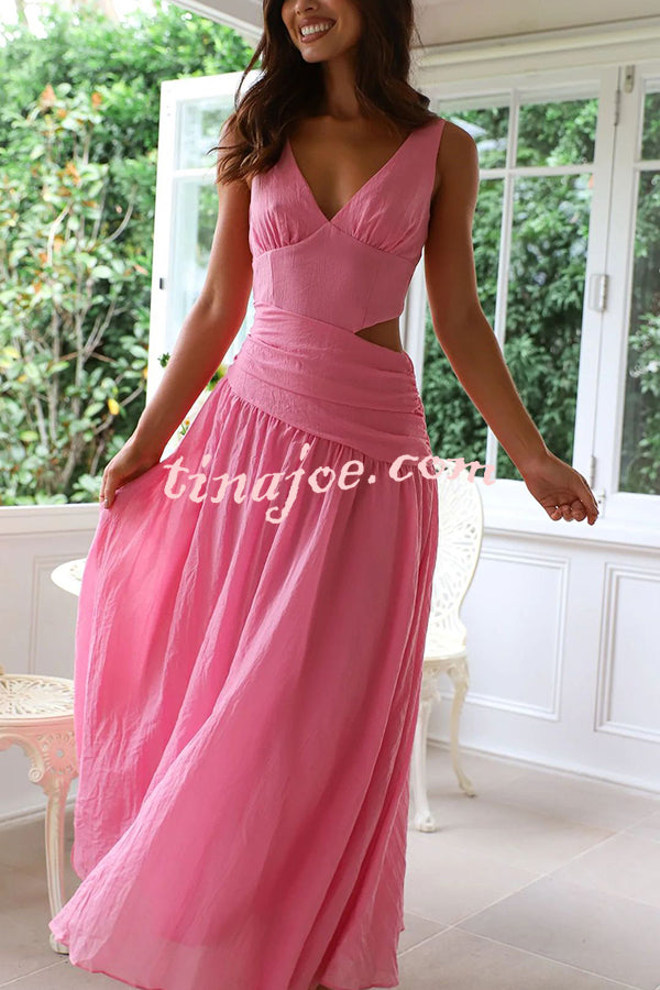 Solid Color V-neck Waist Hollow Slim Maxi Dress