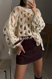 Solid Color Casual Hollow Long-sleeved Holiday Knitted Sweater