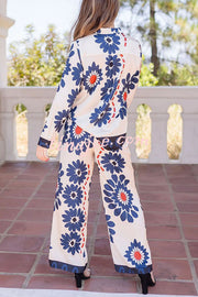 Unique Printed Lapel Long-sleeved Loose Shirt and Casual Pocket Wide-leg Pants Set