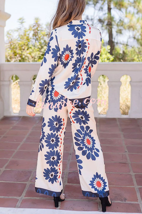Unique Printed Lapel Long-sleeved Loose Shirt and Casual Pocket Wide-leg Pants Set