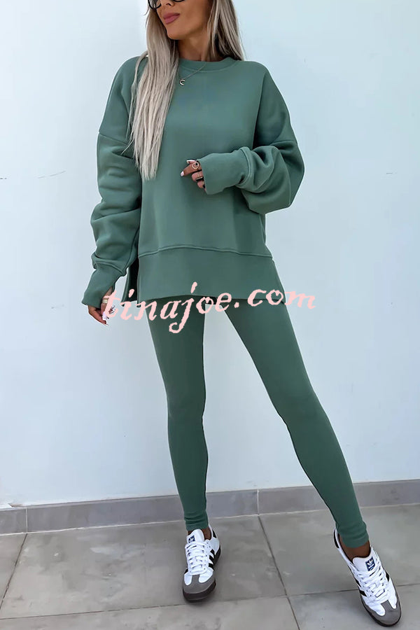 Solid Color Loose Long Sleeve SlitSweatshirt and Elastic Waist Tight Pants Set