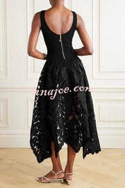 Atlas Asymmetric Ribbed-knit and Guipure Lace Back Zipper Midi Dress