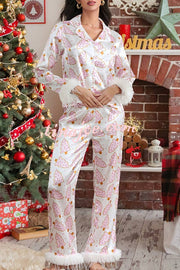 Christmas Print Feather Trim Elastic Waist Pocket Pajama Set