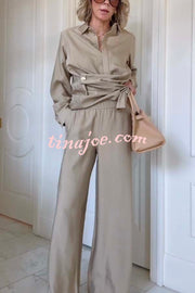 Juliette Cross-front Button Up Long Sleeve Shirt and Elastic Waist Pocket Loose Pants Set