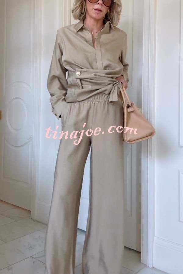 Juliette Cross-front Button Up Long Sleeve Shirt and Elastic Waist Pocket Loose Pants Set