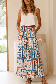 Unique Print Lapel Short Sleeve Loose Shirt and Elastic Waist Casual Pocket Wide Leg Pants Set