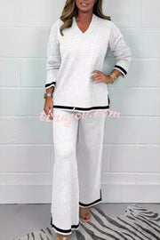 Solid Color V-neck Long-sleeved Loose Top and Elastic Waist Wide-leg Pants Set