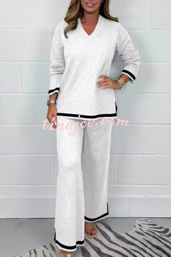 Solid Color V-neck Long-sleeved Loose Top and Elastic Waist Wide-leg Pants Set