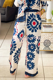 Unique Printed Lapel Long-sleeved Loose Shirt and Casual Pocket Wide-leg Pants Set