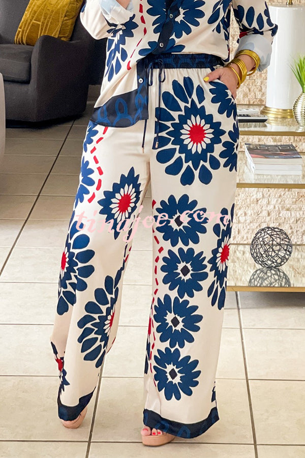 Unique Printed Lapel Long-sleeved Loose Shirt and Casual Pocket Wide-leg Pants Set