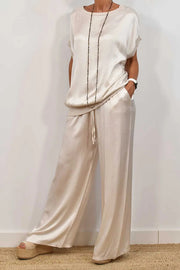 Satin Solid Color Loose Short-sleeved Top and Elastic Waist Lace-up Pocket Wide-leg Pants Set