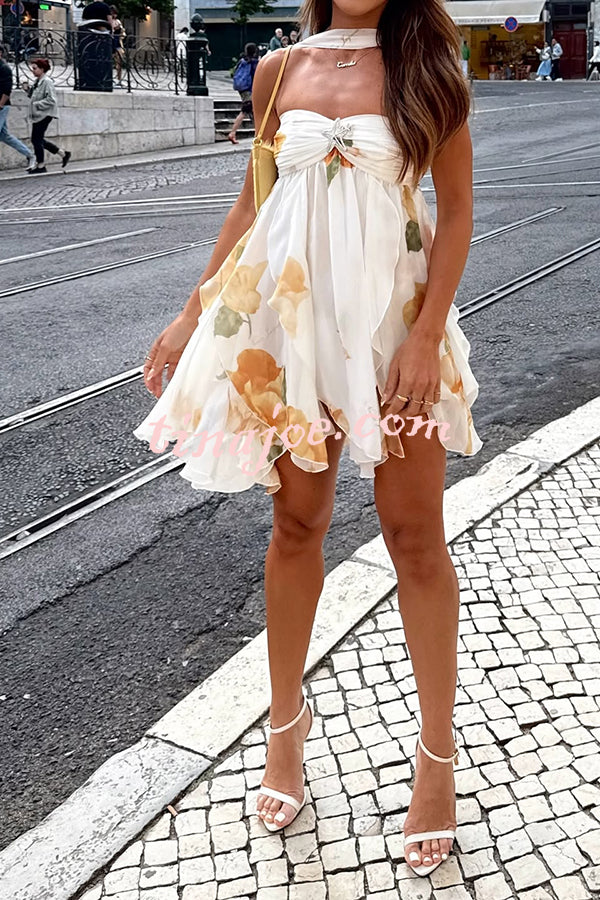 Arabella Floral Print Starfish Brooch Inverted Halter Neck Slit Ruffles Mini Dress