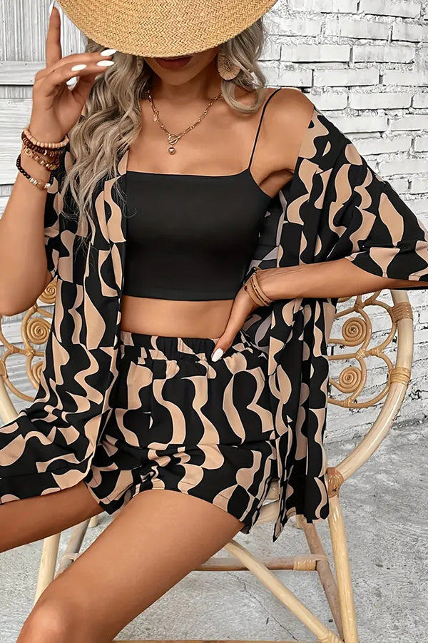 Unique Print Vacation Short-sleeved Cardigan Top and Elastic Waist Pocket Shorts Set