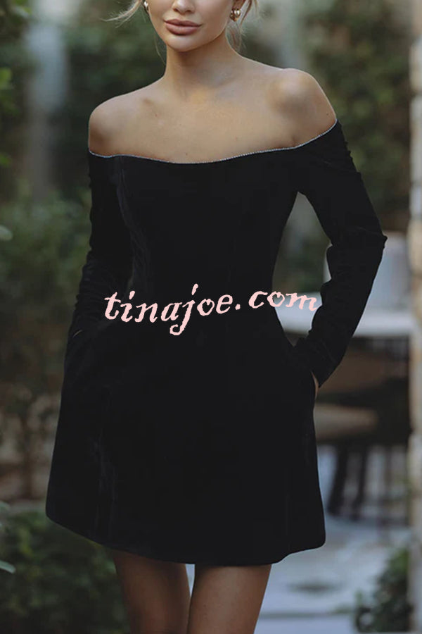 Dear Me Velvet Glitter Trim Off Shoulder Long Sleeve Pocketed Mini Dress