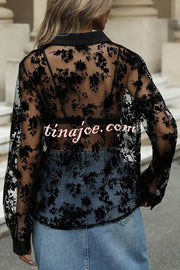 Fashion See-through Plant Lace Long Sleeve Loose Shirt