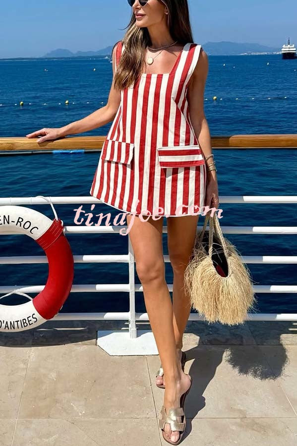 Sunny Views Thick Striped Print Wide Strap Flap A-line Mini Dress