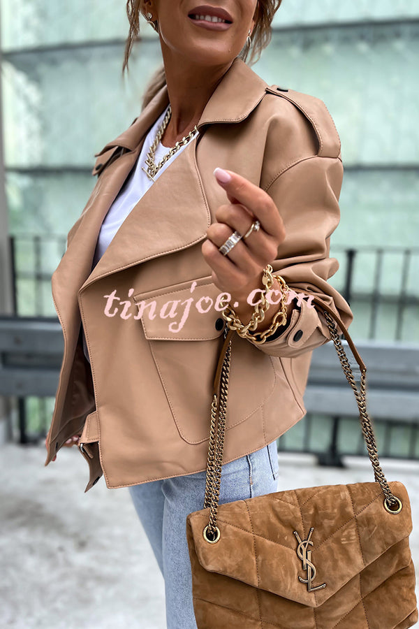 Stylish Leather Lapel Pocket British Style Cropped Jacket