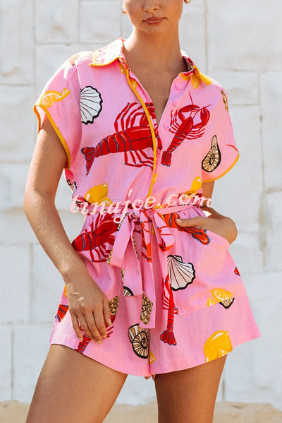 Unique Printed Lapel Short-sleeved Waist Tie Pocket Rompers