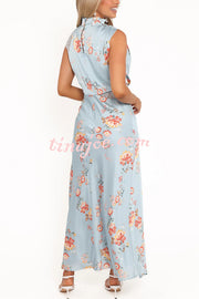 Anabelle Satin Lace Detail Floral Print High Cowl Neck Maxi Dress