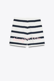 Logbook Stripe Button Shoulder T-Shirt and High-Rise Pocketed Loose  Shorts Set