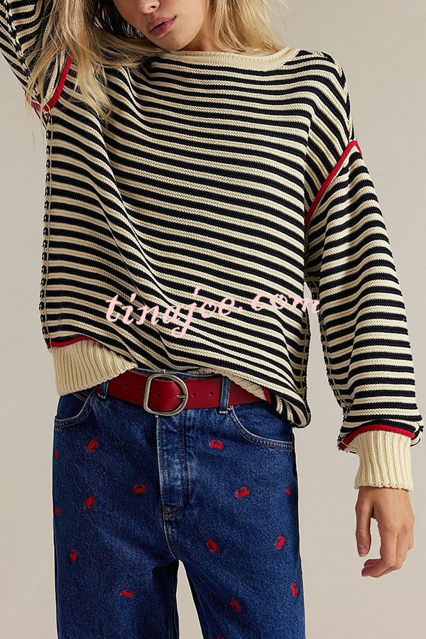 Fashion Striped Colorblock Loose Round Neck Long-sleeved Knitted Sweater