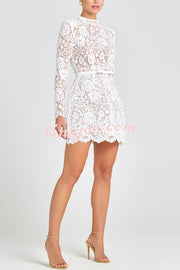 Champagne Toast Flower Lace Long Sleeve Bow Belted Mini Dress