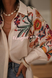 Botanical Print Loose Lapel Long Sleeve Casual Shirt