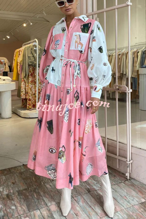 Playful Design Unique Print Balloon Sleeve Pocket Belt Shirt Midi Dress