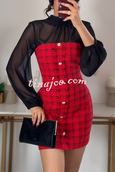 Festive Elegance Tulle Plaid Tweed Patchwork Balloon Sleeve Mini Dress