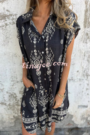 Linen Blend Unique Print Lapel Casual Pocket Mini Dress