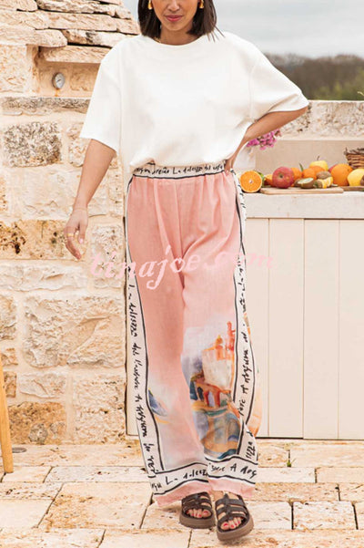 Unique Printed Elastic Waist Vacation Casual Wide Leg Pants