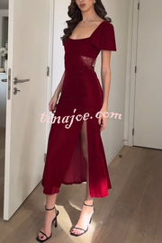 Yumi Velvet Lace Patchwork Bell Sleeve Back Lace-up Slit Midi Dress