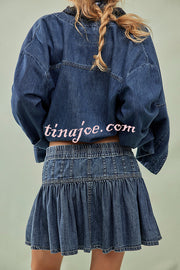 Solid Color Elastic Waist Button Tie Denim Mini Skirt