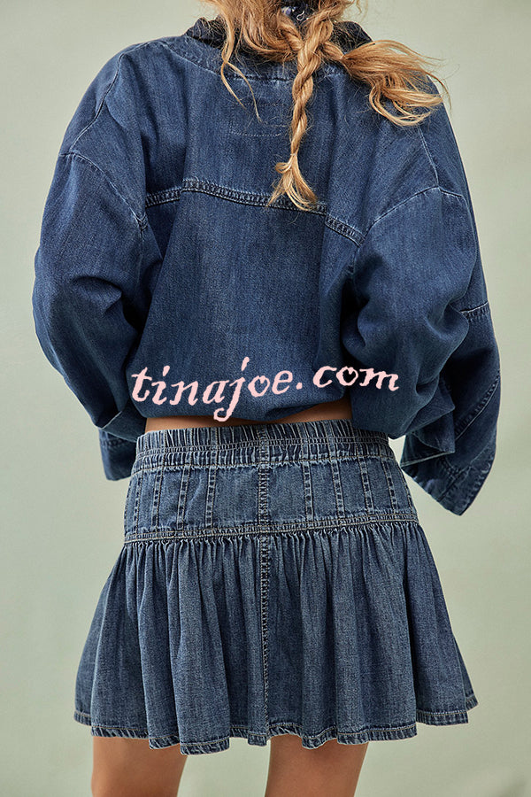 Solid Color Elastic Waist Button Tie Denim Mini Skirt