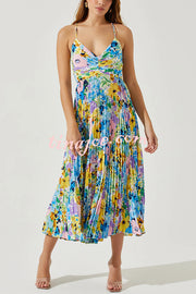 Wedding Party Season Floral Print Pleated Back Tie-up Midi Dress